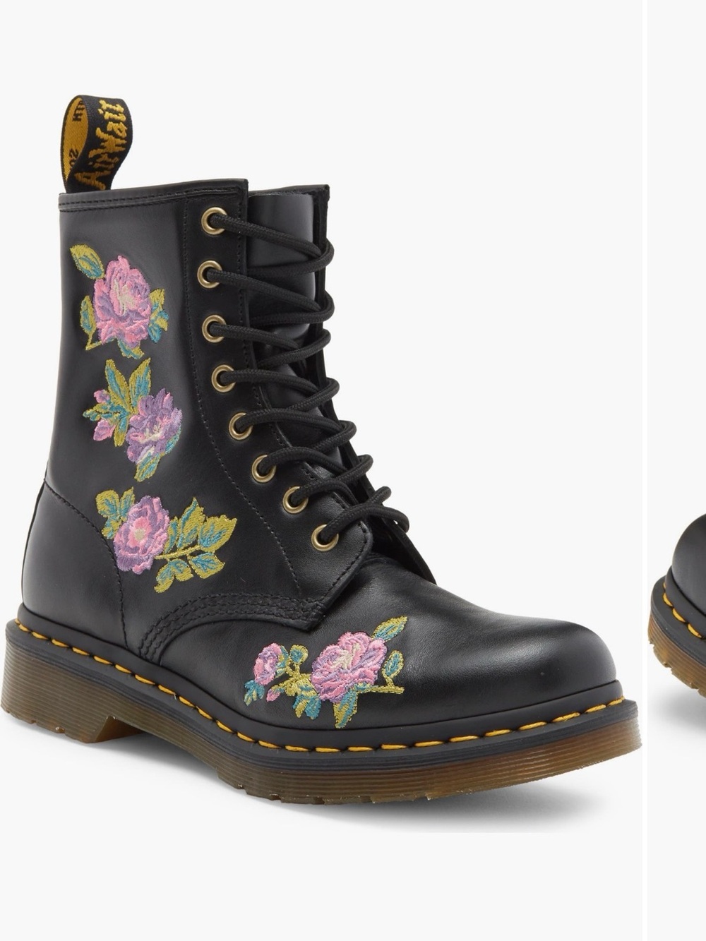 Dr. Martens Black Leather Lace-Up Boots with Pink Floral Embroidery